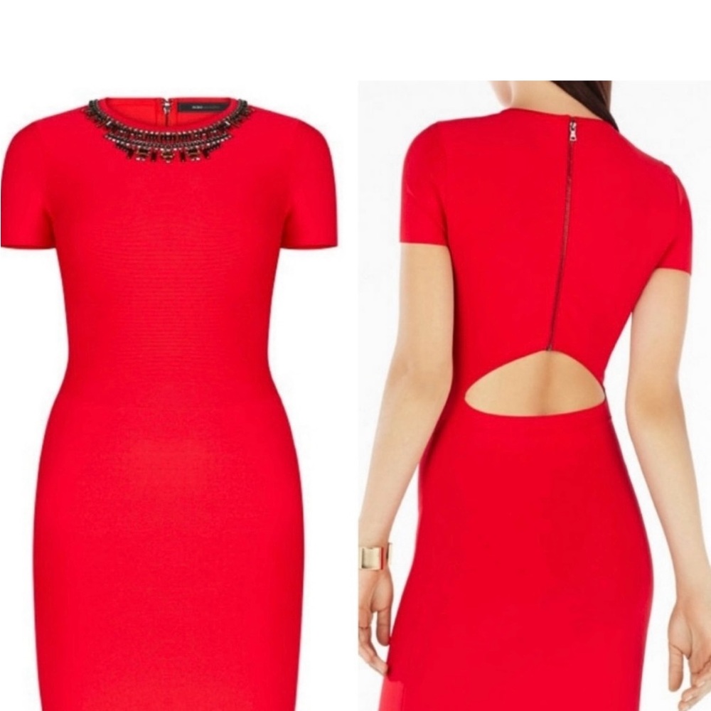 BCBGMaxAzria Red Bodycon Dress with Embellished Crew Neck